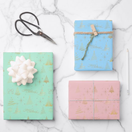 Pastels met Elegante Gouden Kerstboom Doodles Inpakpapier Vel (Voorkant)