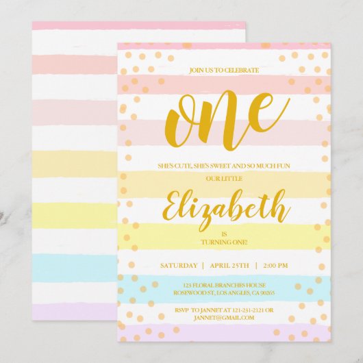 Pastels Pink Stripes Dot Waterverf Girls Birthday Kaart (Voorkant / Achterkant)