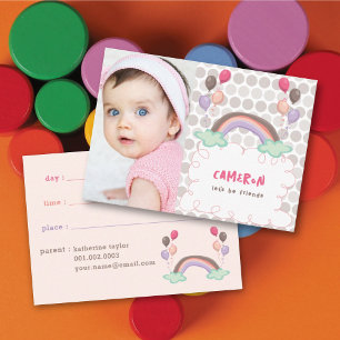 Pastels Regenboog & Ballonnen Meisjes Foto Speelaf Contactkaartje