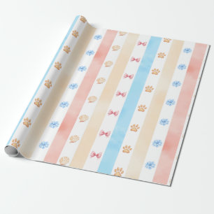 Pastelstreep - Paw prints, blauwe bloem, roze boge Cadeaupapier