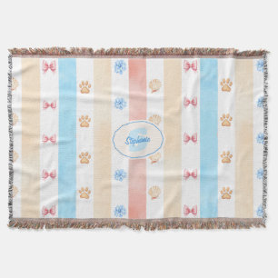 Pastelstreep - Paw prints, blauwe bloem, roze boge Deken
