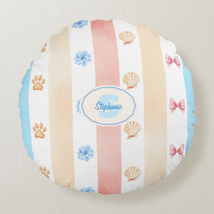 Pastelstreep - Paw prints, blauwe bloem, roze boge Rond Kussen