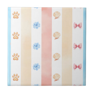Pastelstreep - Paw prints, blauwe bloem, roze boge Tegeltje