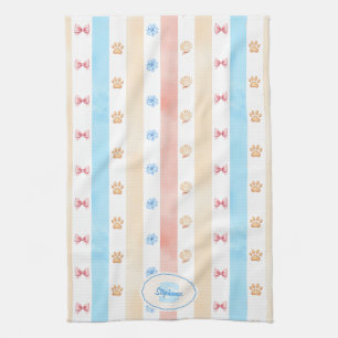 Pastelstreep - Paw prints, blauwe bloem, roze boge Theedoek