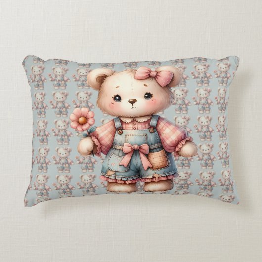 Pastelteddybeer die bloem vasthoudt die overalls d accent kussen (Voorkant)