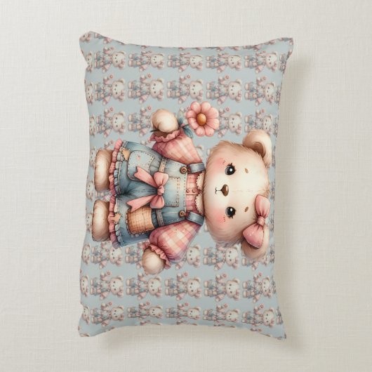Pastelteddybeer die bloem vasthoudt die overalls d accent kussen (Achterkant (Verticaal))