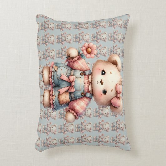 Pastelteddybeer die bloem vasthoudt die overalls d accent kussen (Voorkant(Verticaal))