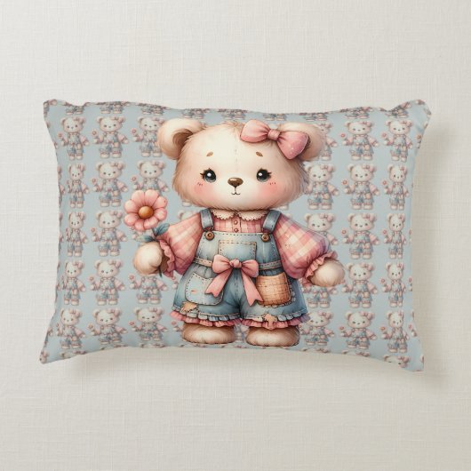 Pastelteddybeer die bloem vasthoudt die overalls d accent kussen (Achterkant)