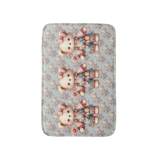Pastelteddybeer die bloem vasthoudt die overalls d badmat (Voorkant Verticaal)