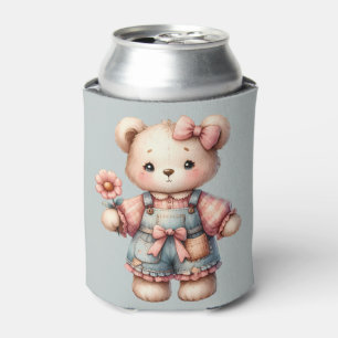 Pastelteddybeer die bloem vasthoudt die overalls d blikjeskoeler