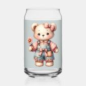 Pastelteddybeer die bloem vasthoudt die overalls d blikvorm glas (Voorkant)