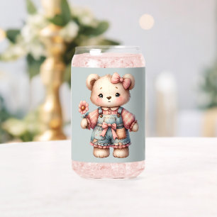 Pastelteddybeer die bloem vasthoudt die overalls d blikvorm glas