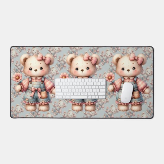 Pastelteddybeer die bloem vasthoudt die overalls d bureaumat (Keyboard & Muis)