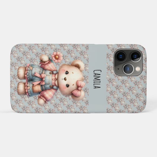 Pastelteddybeer die bloem vasthoudt die overalls d Case-Mate iPhone case (Achterkant (horizontaal))