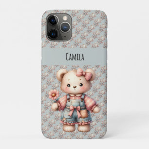 Pastelteddybeer die bloem vasthoudt die overalls d Case-Mate iPhone case