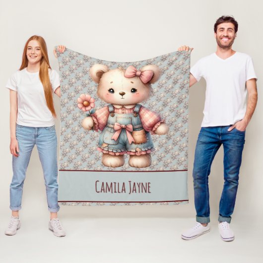 Pastelteddybeer die bloem vasthoudt die overalls d fleece deken (In situ)
