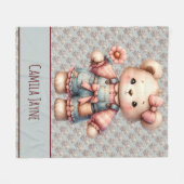 Pastelteddybeer die bloem vasthoudt die overalls d fleece deken (Voorkant (Horizontaal))