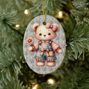 Pastelteddybeer die bloem vasthoudt die overalls d keramisch ornament