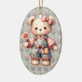 Pastelteddybeer die bloem vasthoudt die overalls d keramisch ornament (Links)
