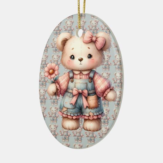 Pastelteddybeer die bloem vasthoudt die overalls d keramisch ornament (Links)