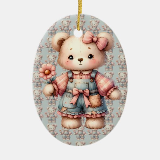 Pastelteddybeer die bloem vasthoudt die overalls d keramisch ornament (Voorkant)