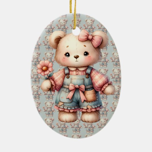Pastelteddybeer die bloem vasthoudt die overalls d keramisch ornament (Achterkant)
