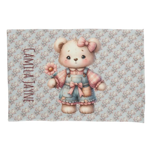 Pastelteddybeer die bloem vasthoudt die overalls d kussensloop (Voorkant)