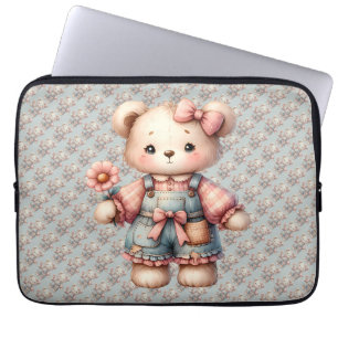 Pastelteddybeer die bloem vasthoudt die overalls d laptop sleeve