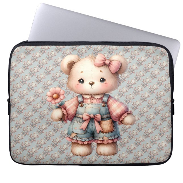 Pastelteddybeer die bloem vasthoudt die overalls d laptop sleeve (Voorkant)