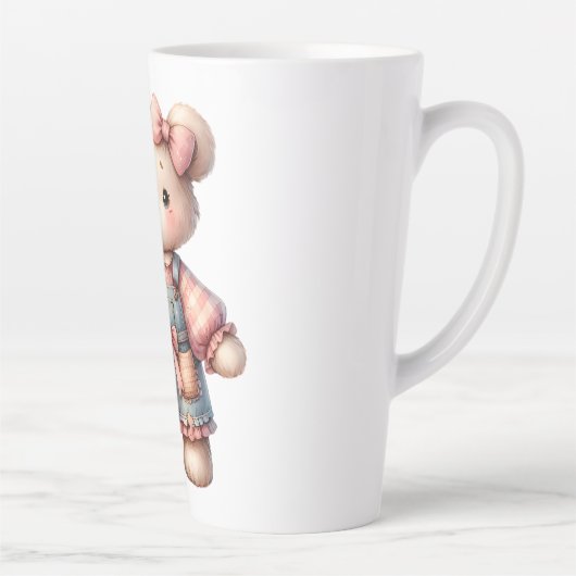 Pastelteddybeer die bloem vasthoudt die overalls d latte mok (Rechts)