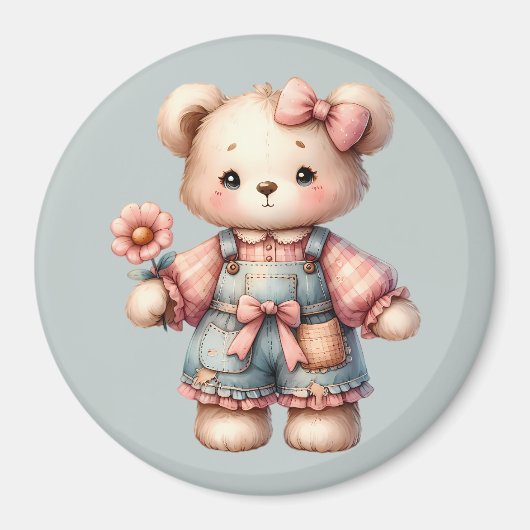 Pastelteddybeer die bloem vasthoudt die overalls d magneet (Voorkant)