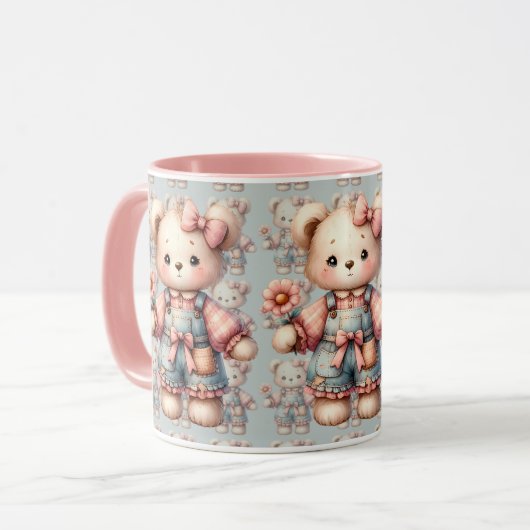 Pastelteddybeer die bloem vasthoudt die overalls d mok (Voorkant links)