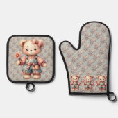 Pastelteddybeer die bloem vasthoudt die overalls d ovenwant & pannenlap set (Voorkant)