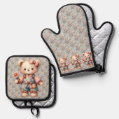 Pastelteddybeer die bloem vasthoudt die overalls d ovenwant & pannenlap set (Voorkant / Achterkant)