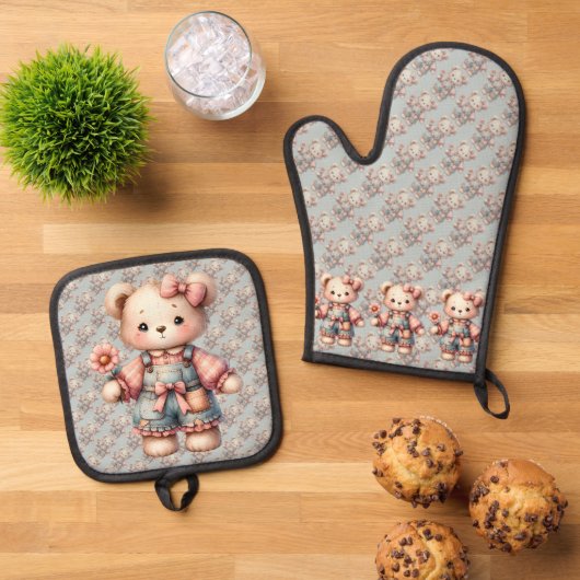 Pastelteddybeer die bloem vasthoudt die overalls d ovenwant & pannenlap set (Top down)