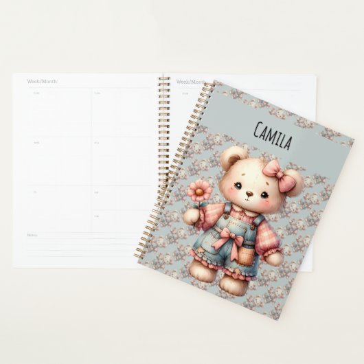 Pastelteddybeer die bloem vasthoudt die overalls d planner (Display)