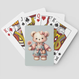 Pastelteddybeer die bloem vasthoudt die overalls d pokerkaarten