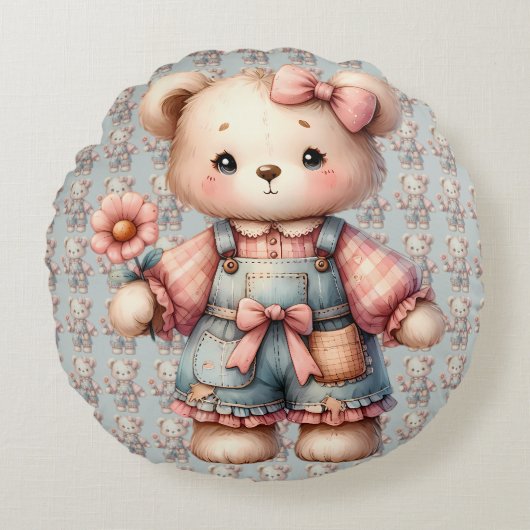 Pastelteddybeer die bloem vasthoudt die overalls d rond kussen (Voorkant)