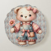 Pastelteddybeer die bloem vasthoudt die overalls d rond kussen (Achterkant)