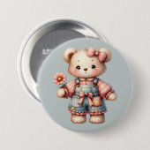 Pastelteddybeer die bloem vasthoudt die overalls d ronde button 7,6 cm (Voorkant /achterkant)