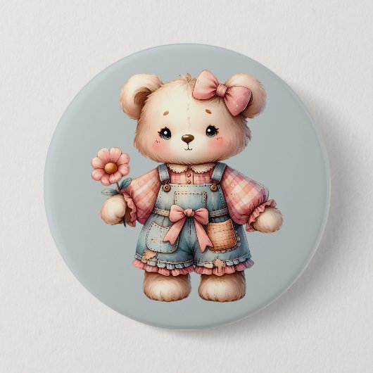 Pastelteddybeer die bloem vasthoudt die overalls d ronde button 7,6 cm (Voorkant)