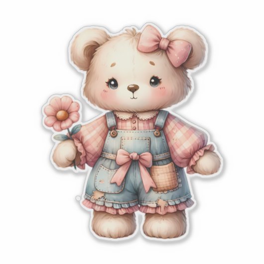 Pastelteddybeer die bloem vasthoudt die overalls d sticker (Voorkant)