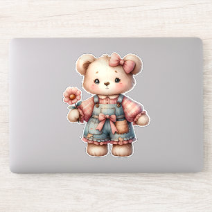 Pastelteddybeer die bloem vasthoudt die overalls d sticker