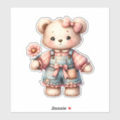 Pastelteddybeer die bloem vasthoudt die overalls d sticker (Vel)