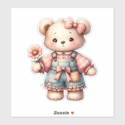 Pastelteddybeer die bloem vasthoudt die overalls d sticker (Vel)