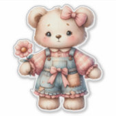 Pastelteddybeer die bloem vasthoudt die overalls d sticker (Voorkant)