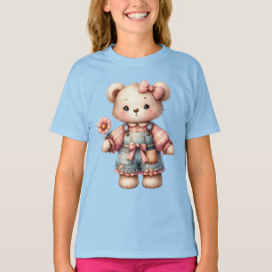 Pastelteddybeer die bloem vasthoudt die overalls d t-shirt