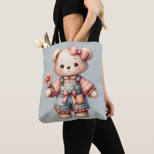 Pastelteddybeer die bloem vasthoudt die overalls d tote bag (Dichtbij)