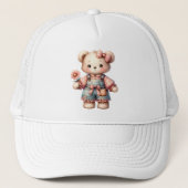 Pastelteddybeer die bloem vasthoudt die overalls d trucker pet (Voorkant)