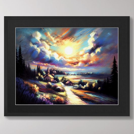 Pasteltekening Kleurrijk Nachtelijk Landschap Poster